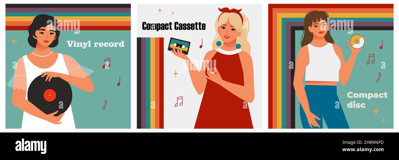 Media for recording music, from vinyl records to CDs. 1930s, 1960s, 1990s year. Womens with music disk. Retro style vector illustration Stock Vector