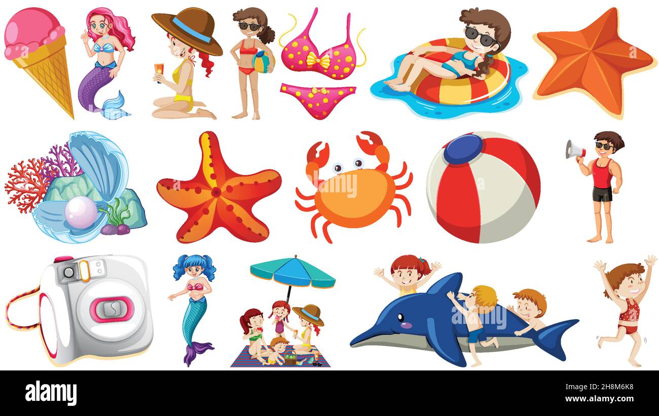 Set of summer beach objects and cartoon characters illustration Stock  Vector Image & Art - Alamy