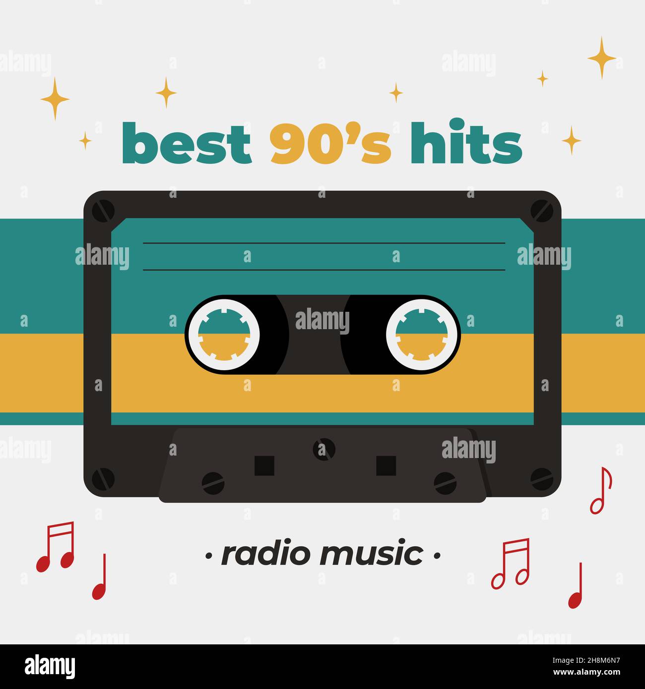 Best 90 s hits poster with compact cassette image. Vector retro style illustration Stock Vector