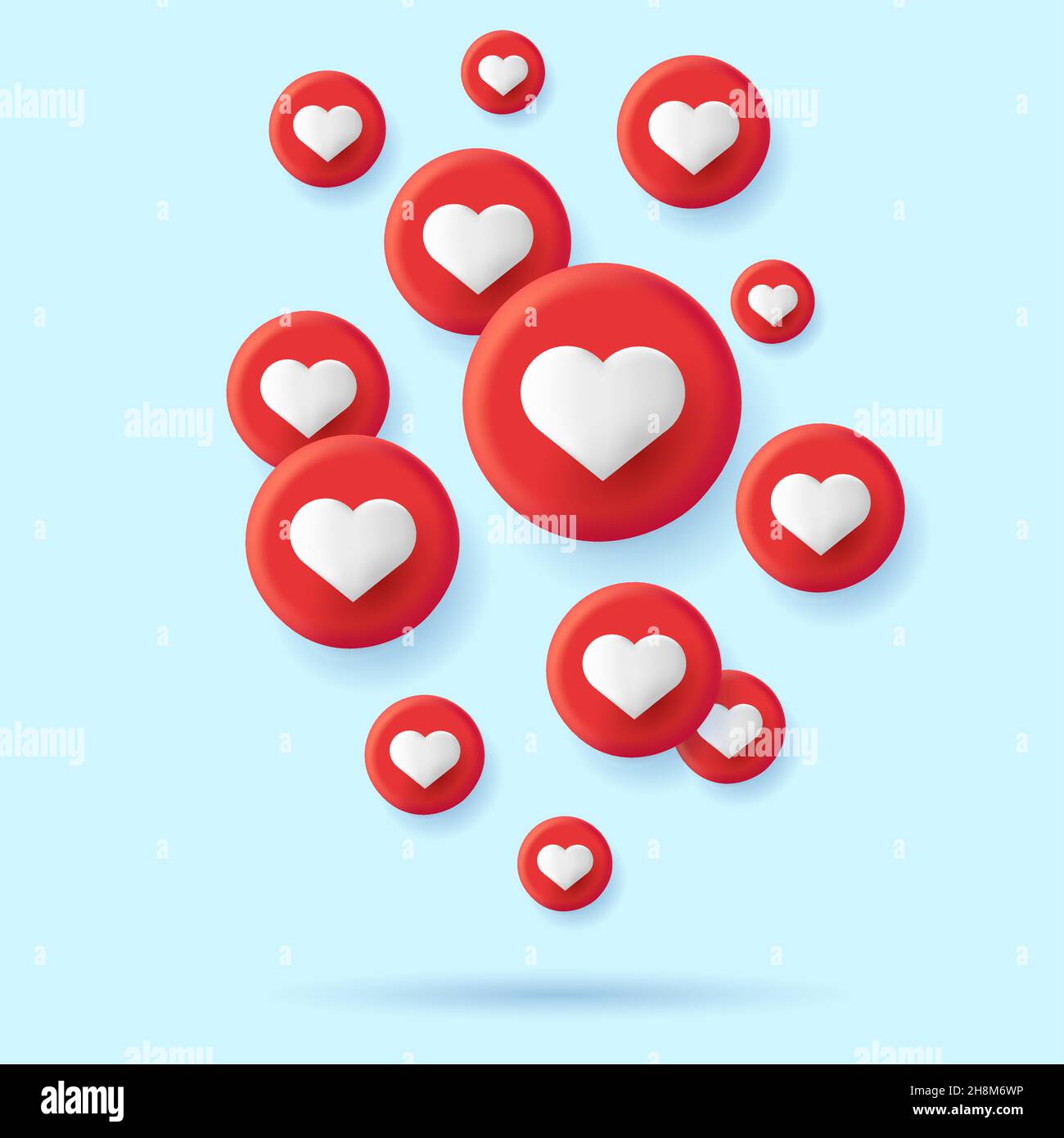 Social media likes in shape of red circles with hearts inside forming cloud flying to the top, 3d render ilustration on blue backdrop Stock Vector