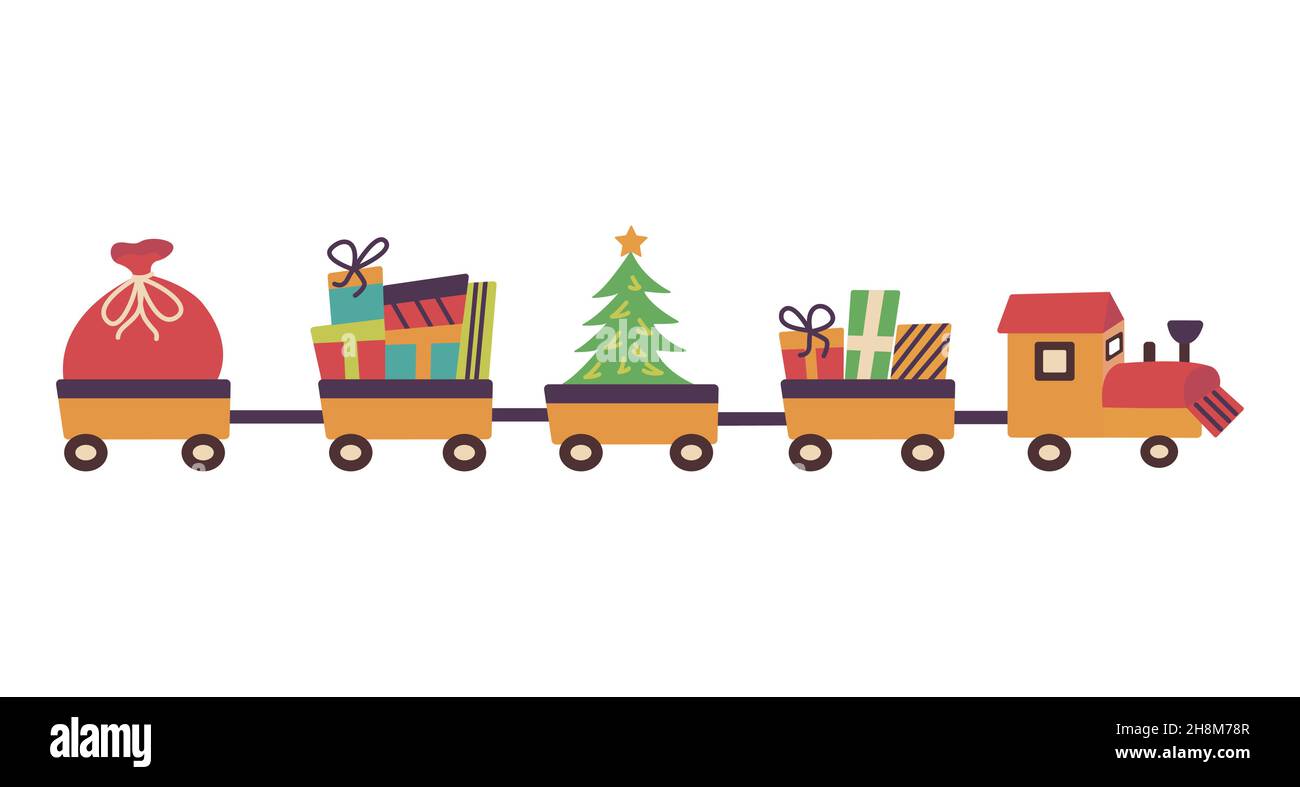 Christmas train with gifts in the carriages, Christmas tree and Santas bag. Delivery of gifts. Colorful vector illustration hand drawn isolated. Happy Stock Vector