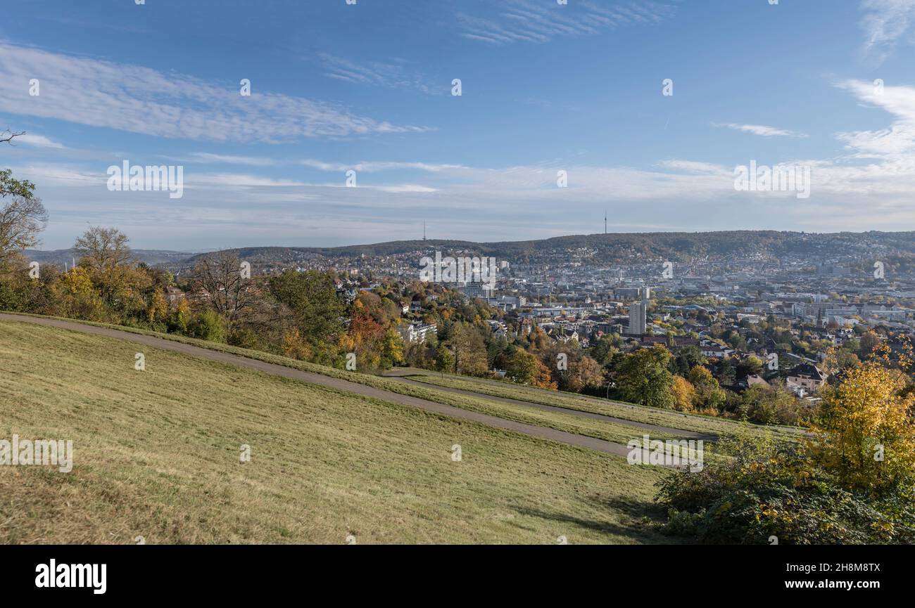 aerial cityscape of the city from west, shot in bright fall light from ...