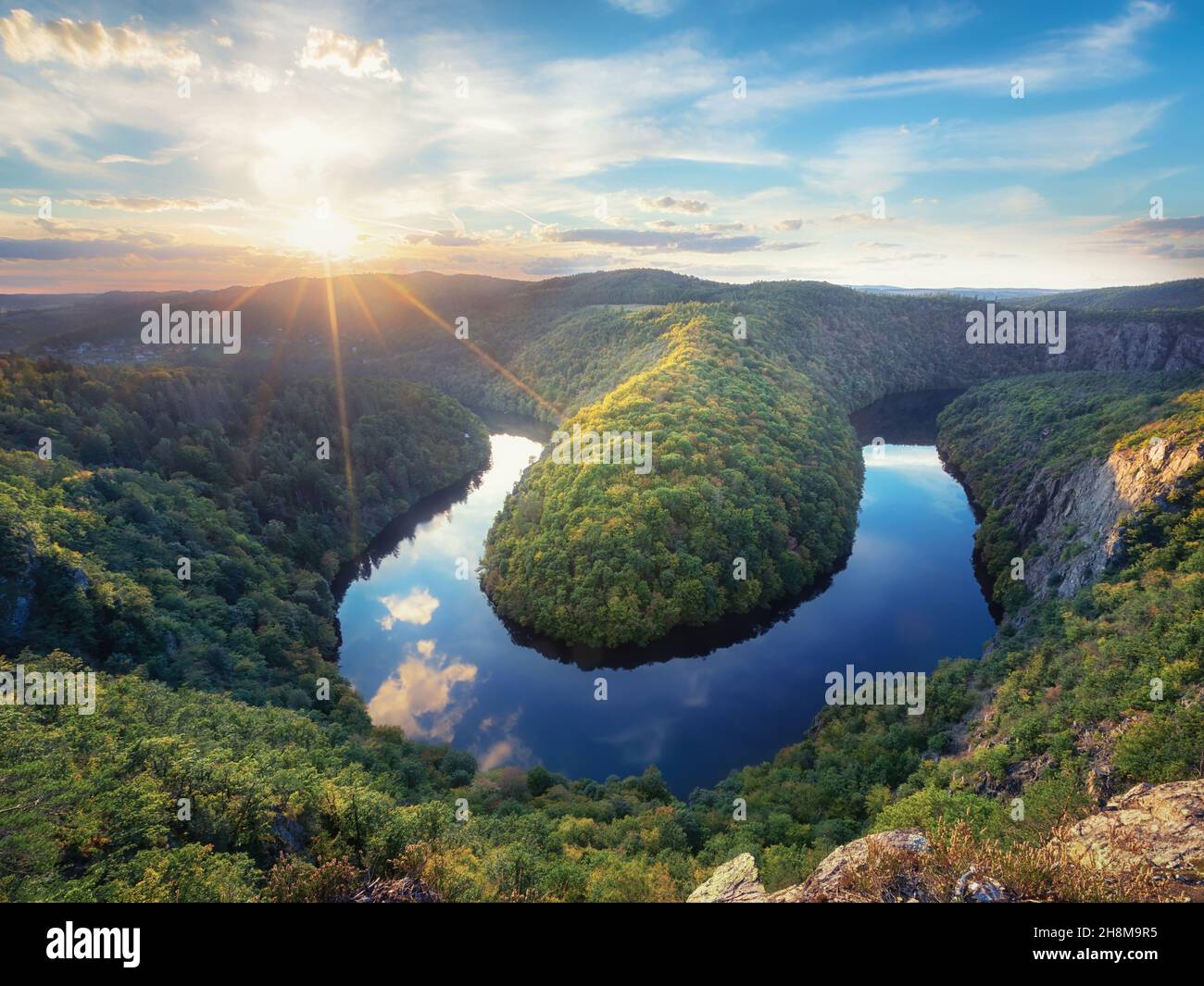 View of scenic bend of Vltava river from Vyhlidka Marenka viewpoint in Central Bohemian Region, Czechia Stock Photo