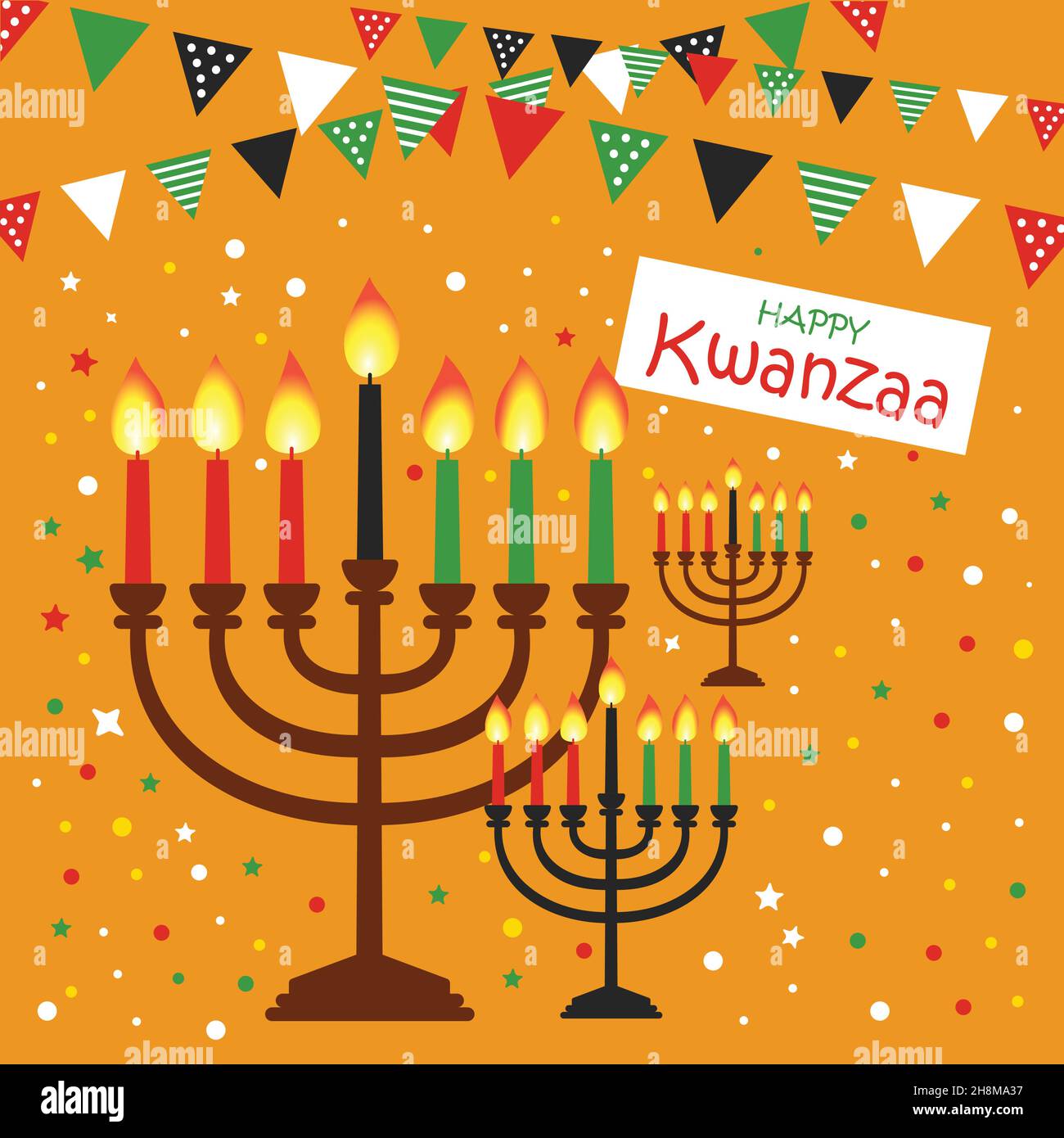 Happy Kwanzaa vector flat illustration on black dark background with confetti. African celebration cute design card. Stock Vector