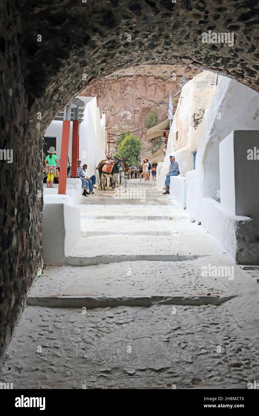 Stepped path leading from Harbour to town of Fira, Santorini, Greece Stock Photo