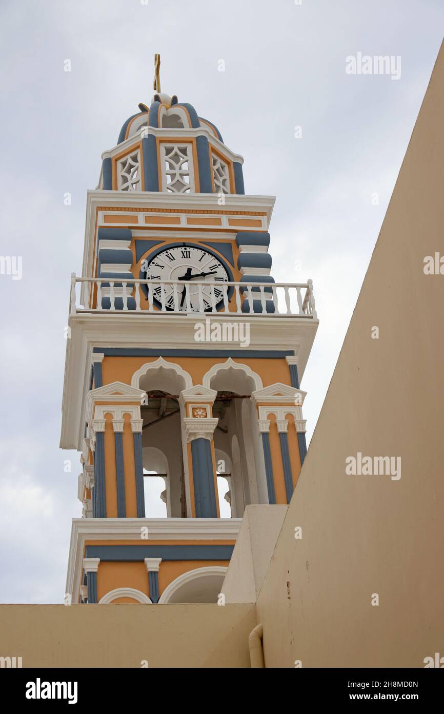 Bell tower of St John the Baptist Catholic cathedral, Fira, Santorini ...