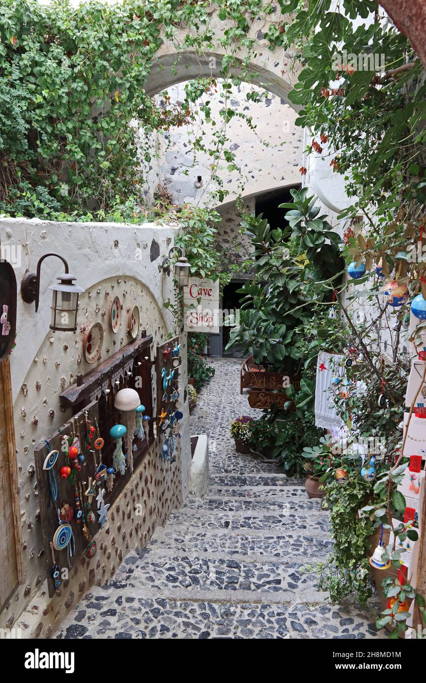 Stepped path leading from Cathedral into town of Fira, Santorini, Greece Stock Photo