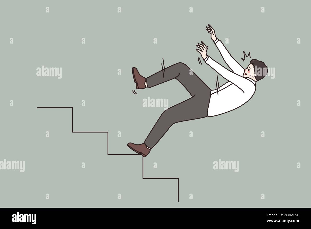Business crisis and failure concept. Young stressed businessman manager falling down from ladder stairs feeling panic and fear vector illustration  Stock Vector