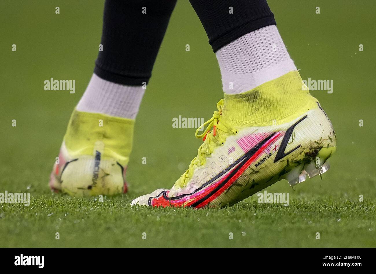 London, UK. 28th Nov, 2021. The Nike Mercurial football boots of Marcus  Rashford of Man Utd displaying Rashy10 and England flag during the Premier  League match between Chelsea and Manchester United at