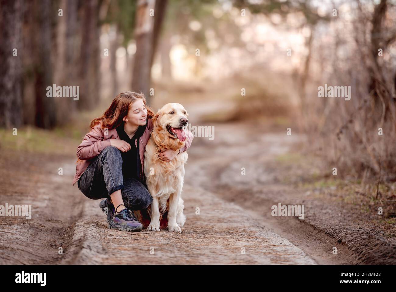 Girl with golden retriever dog in the wood Stock Photo - Alamy