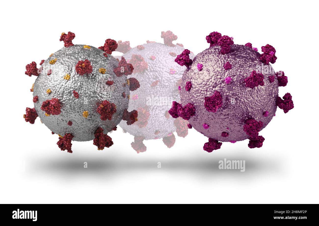 Photorealistic model of coronavirus covid-19 mutating into new viruses isolated on white background, pandemic epidemic concept Stock Photo