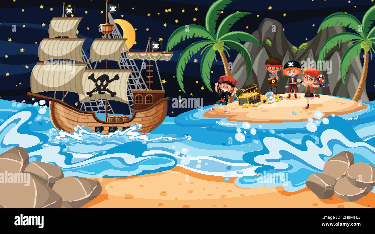 Treasure Island scene at night with Pirate kids illustration Stock ...