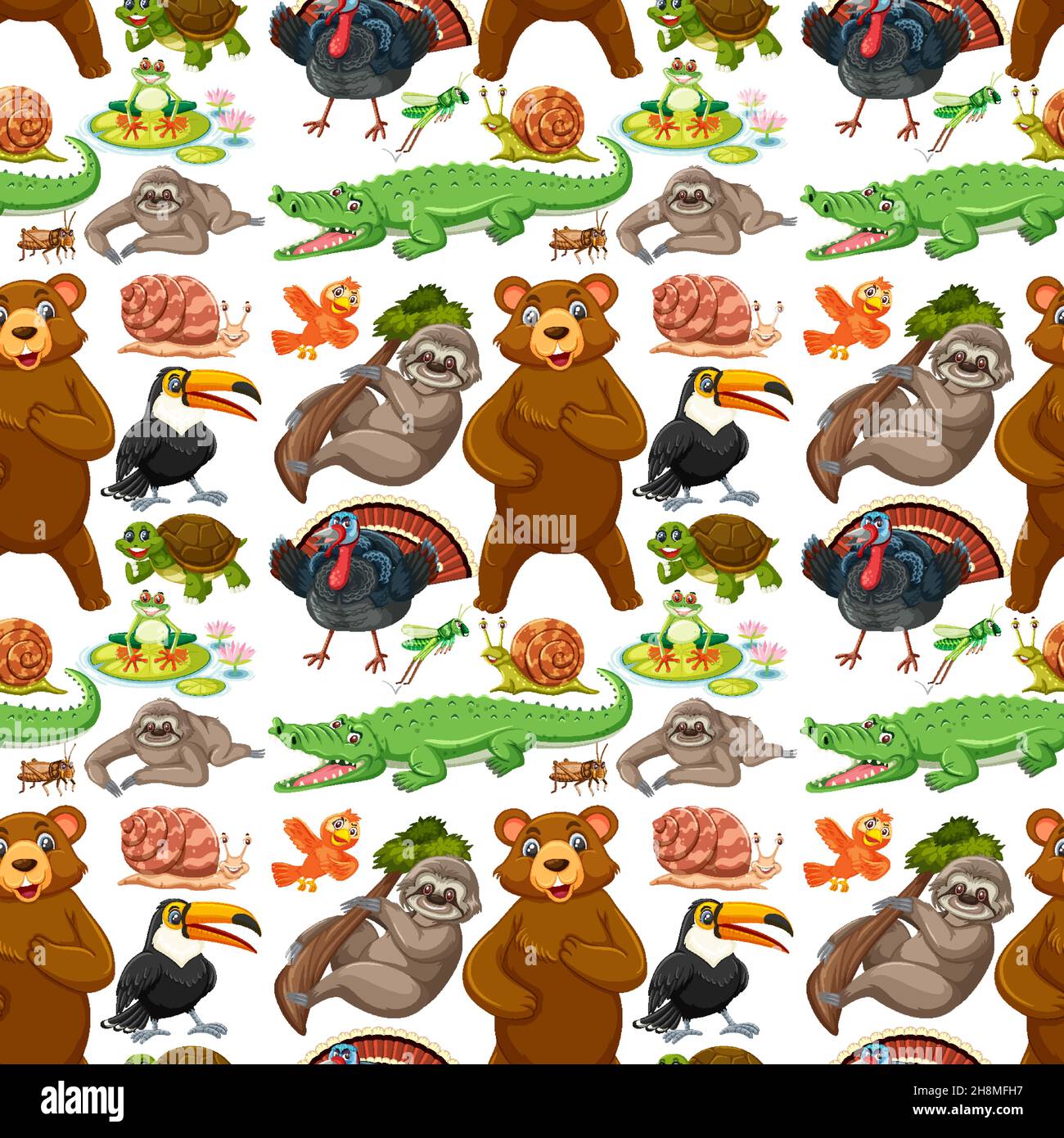 Seamless pattern with cute wild animals on white background ...