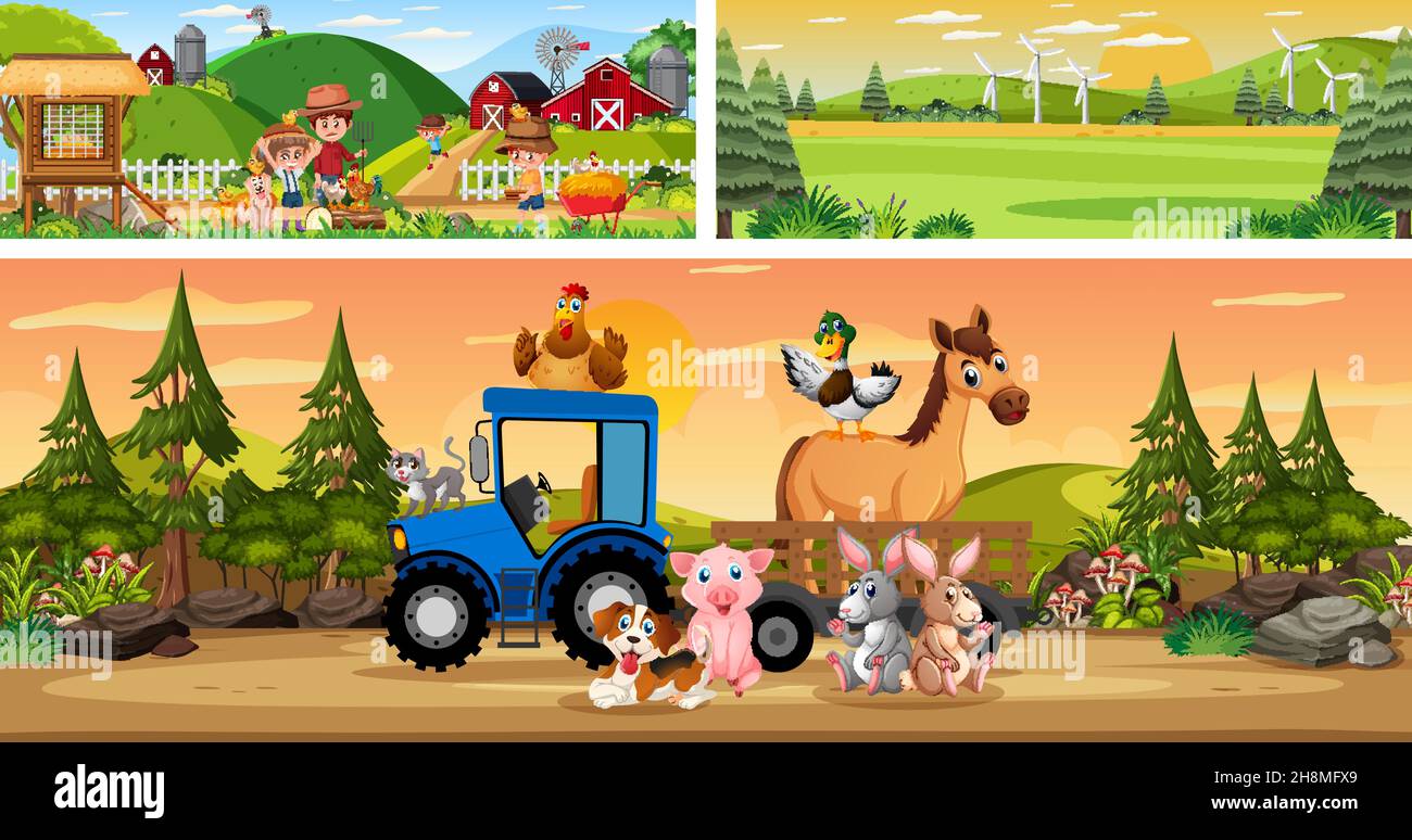 Set of different outdoor landscape scenes with cartoon character ...
