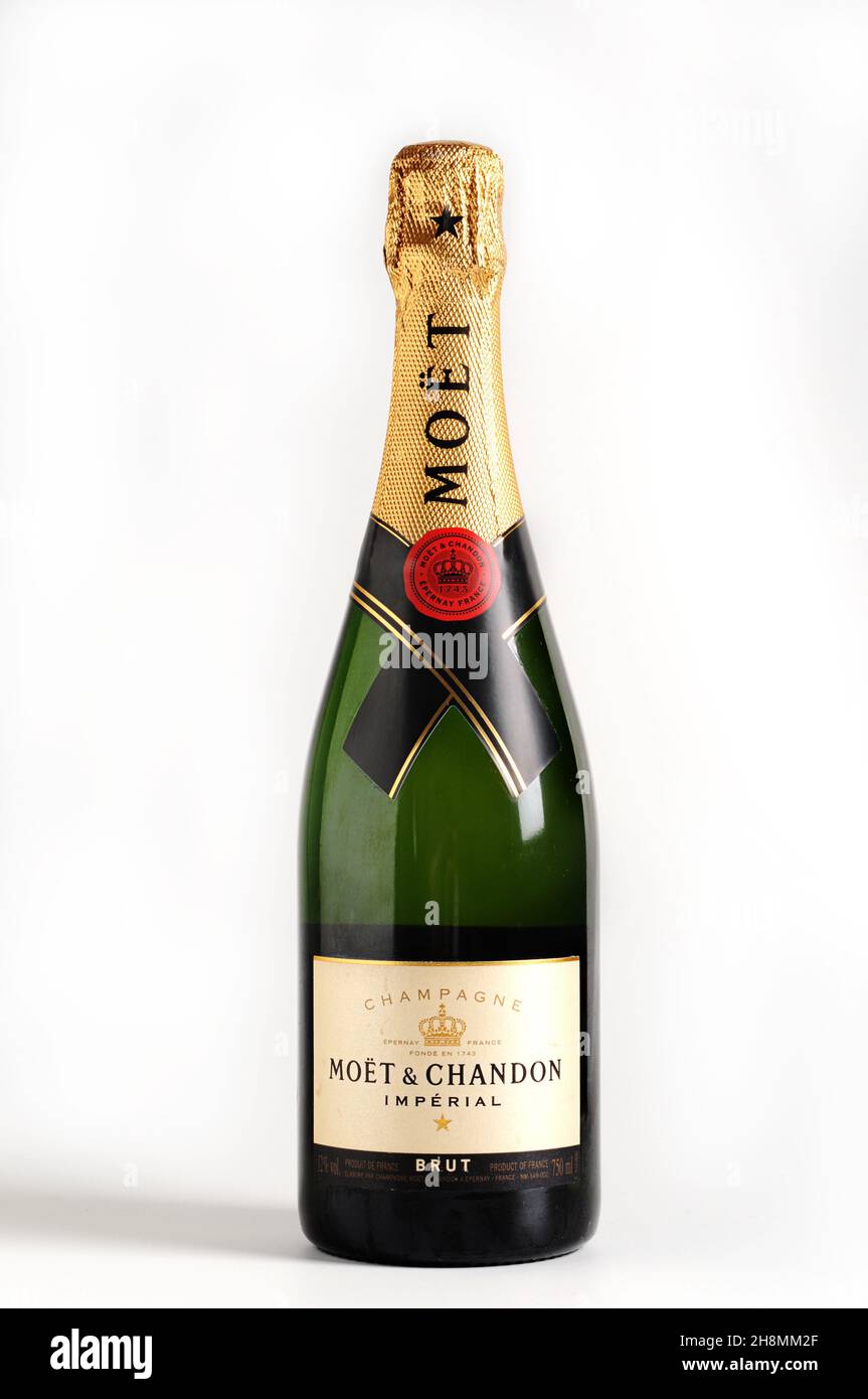 Moet and Chandon Brut Imperial Champagne Bottle , sparkling wine, against a white background Stock Photo