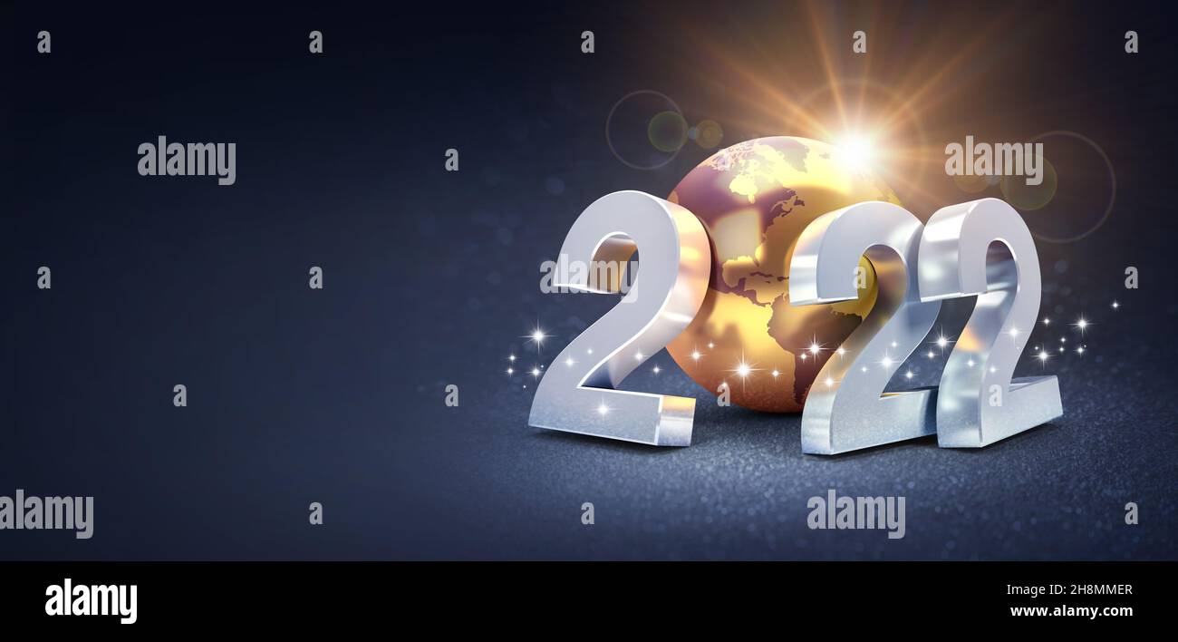 Happy New Year 2022 greeting card : silvery date numbers with a gold earth globe, shining on a black background - 3D illustration Stock Photo