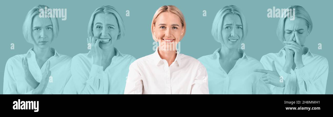 Portrait of smiling mature woman, mood swings concept, collage Stock Photo