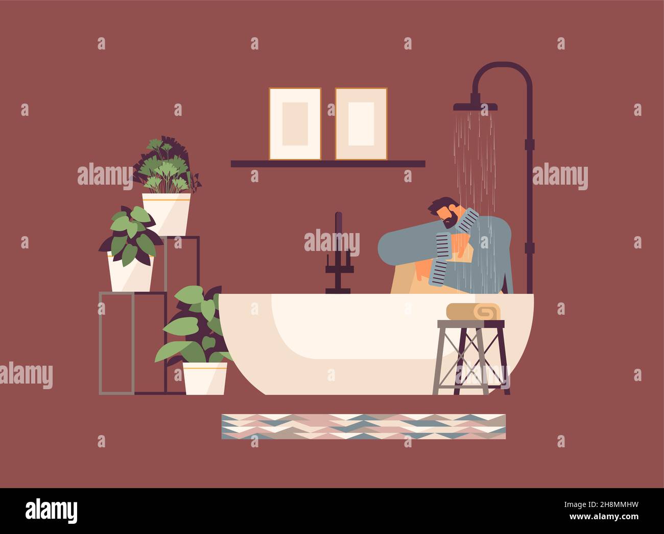 unhappy depressed man sitting in shower guy feeling desperate and