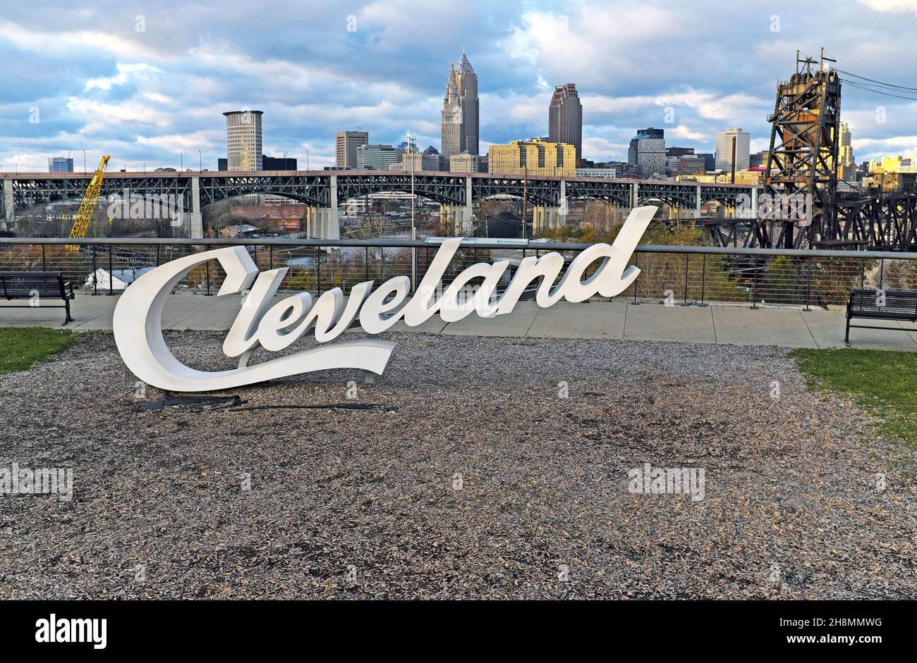 Downtown Cleveland, Ohio skyline on November 22, 2021 as seen from the Cleveland sign in the Tremont neighborhood. Stock Photo