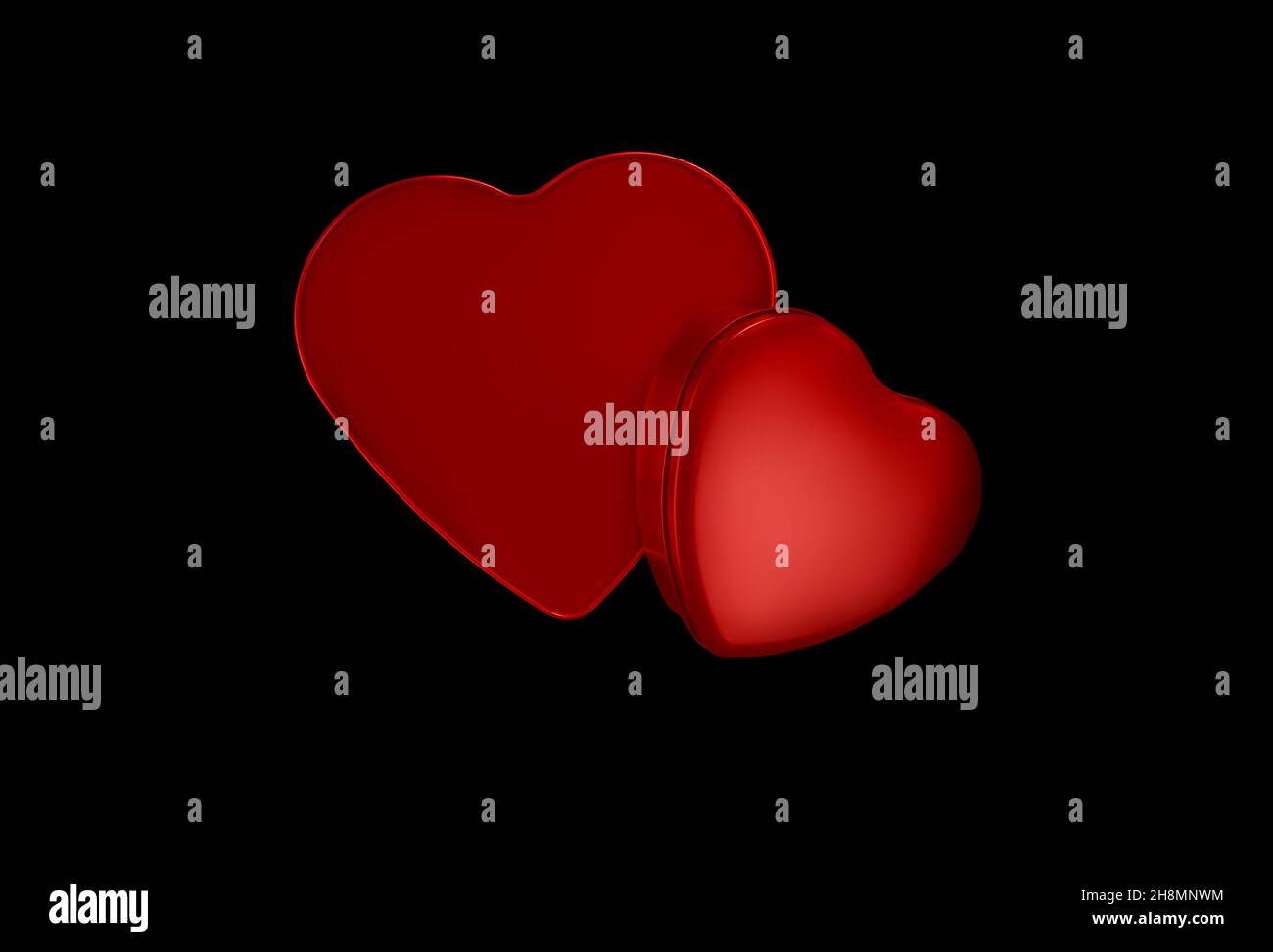 Valentine day, red heart shaped shiny metal packaging isolated on black ...