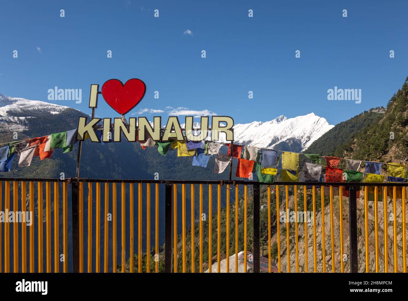 Tourist view point with majestic Kinnaur Kailash Himalaya mountain range snow peaks at Kalpa Himachal Pradesh, India Stock Photo