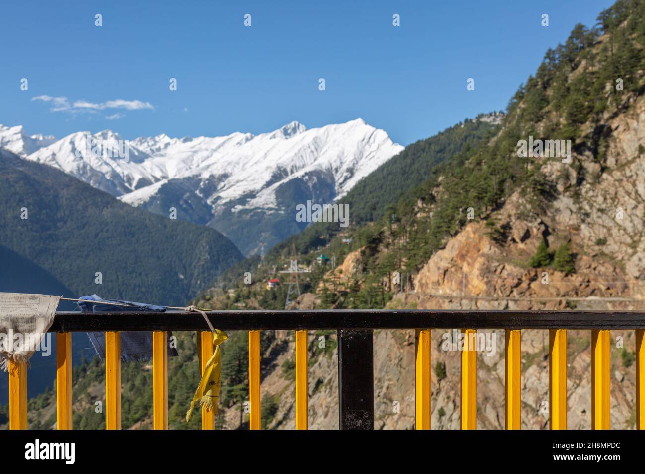 Tourist view point with majestic Kinnaur Kailash Himalaya mountain range snow peaks at Kalpa Himachal Pradesh, India Stock Photo