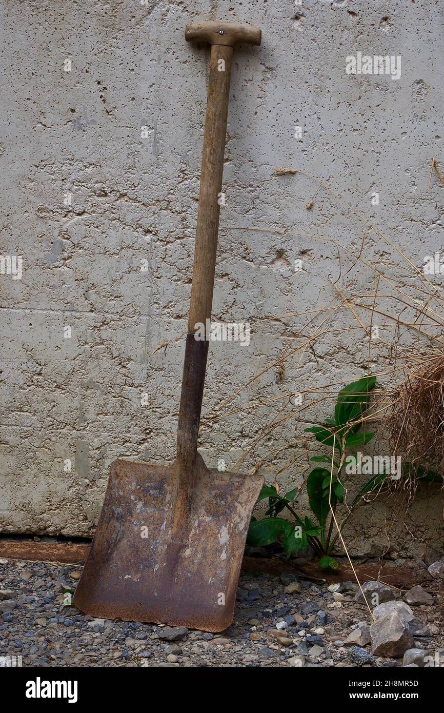 Old shovel leaning against house wall, shovel for coal, shovel, rusty shovel Stock Photo