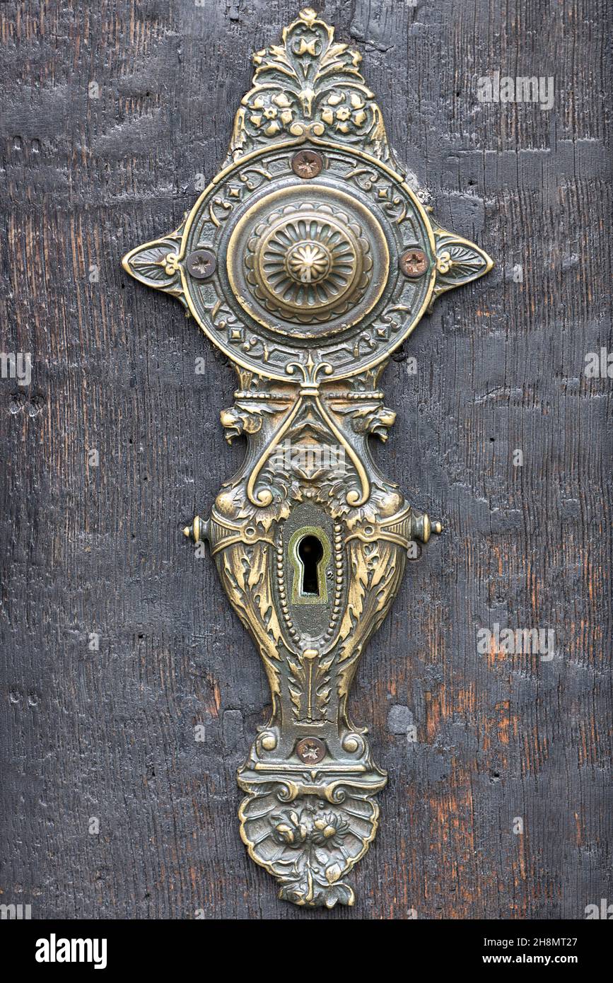 Historic door fitting, around 1880, on an entrance door, Bavaria, Germany Stock Photo