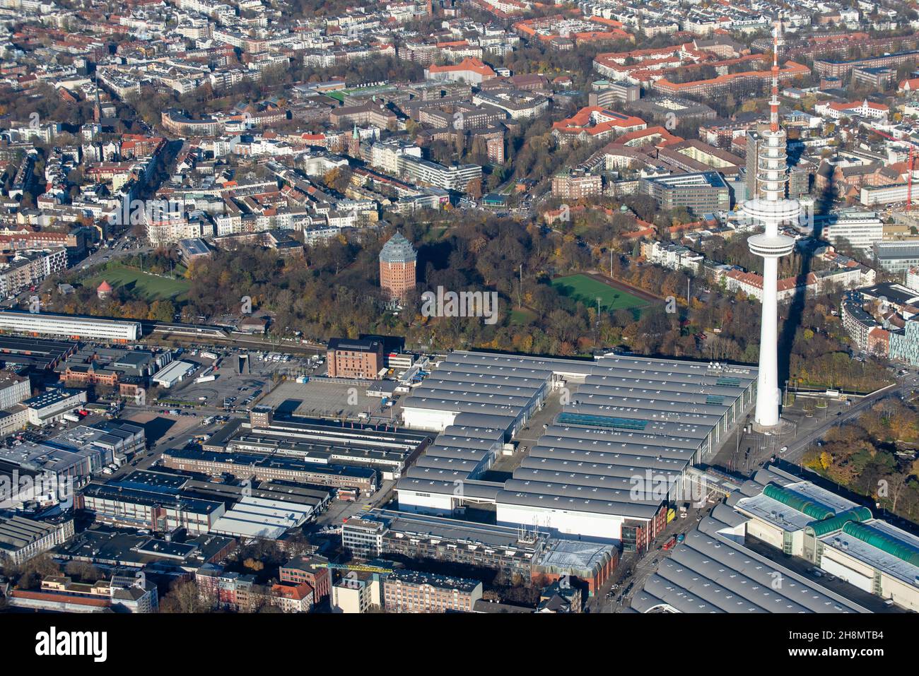 Germany, Hamburg, trade fair, vaccination centre, TV tower, aerial view Stock Photo