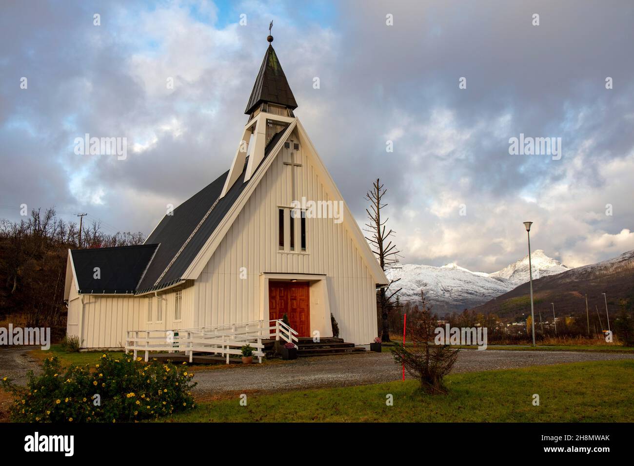 Church, Kvaloy Kirke, Fjordvegen, Kvaloya, Norway Stock Photo