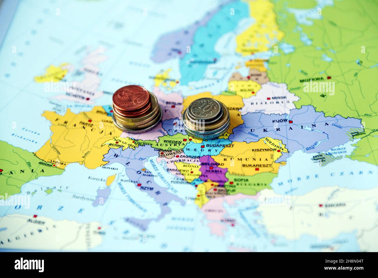 map-of-europe-european-union-and-coins-of-euro-and-polish-zlotych