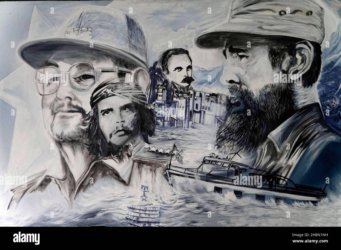 Portraits of Fidel Castro, Rauxel Castro, Che Guevara and Jose Marti Paintings at the Art Market in Havana, Cuba Stock Photo