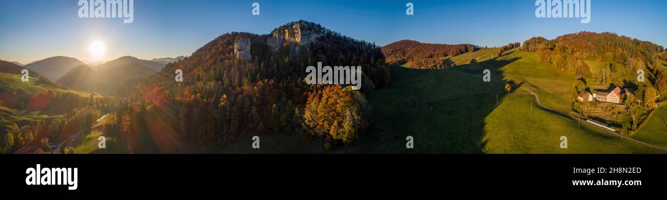 Basel Rocks Sunset at Ankenballen, prominent limestone rock in Basel Juaa, aerial ...