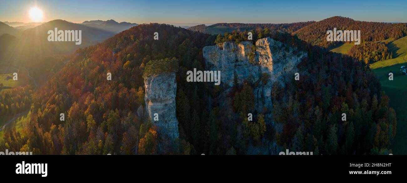 Basel Rocks Sunset at Ankenballen, prominent limestone rock in Basel Juaa, aerial ...