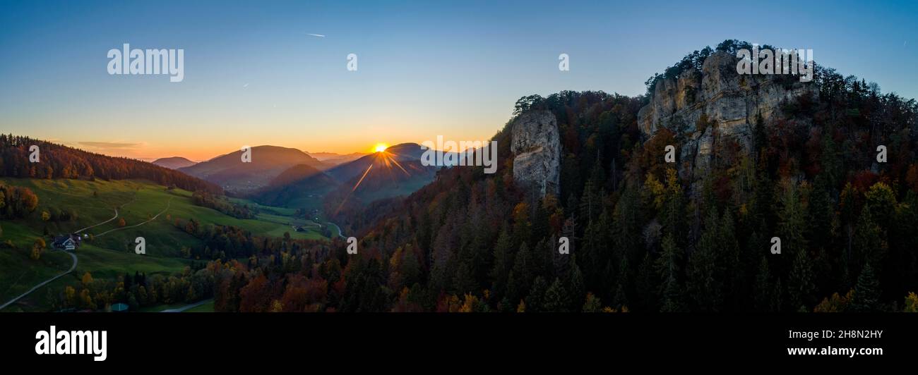 Basel Rocks Sunset at Ankenballen, prominent limestone rock in Basel Juaa, aerial ...