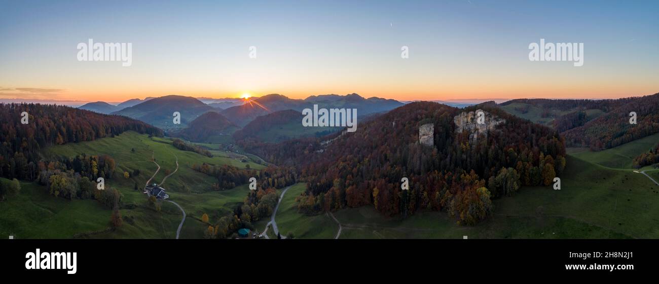 Basel Rocks Sunset at Ankenballen, prominent limestone rock in Basel Juaa, aerial ...