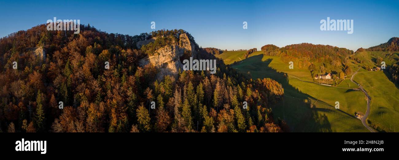 Basel Rocks Sunset at Ankenballen, prominent limestone rock in Basel Juaa, aerial ...