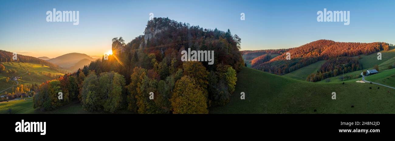 Basel Rocks Sunset at Ankenballen, prominent limestone rock in Basel Juaa, aerial ...
