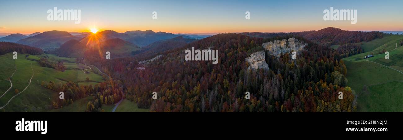 Basel Rocks Sunset at Ankenballen, prominent limestone rock in Basel Juaa, aerial ...