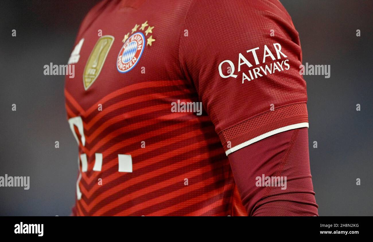 Controversial sleeve ad, FC Bayern Munich shirt ad for Qatar Airways, Allianz Arena, Munich, Bavaria, Germany Stock Photo