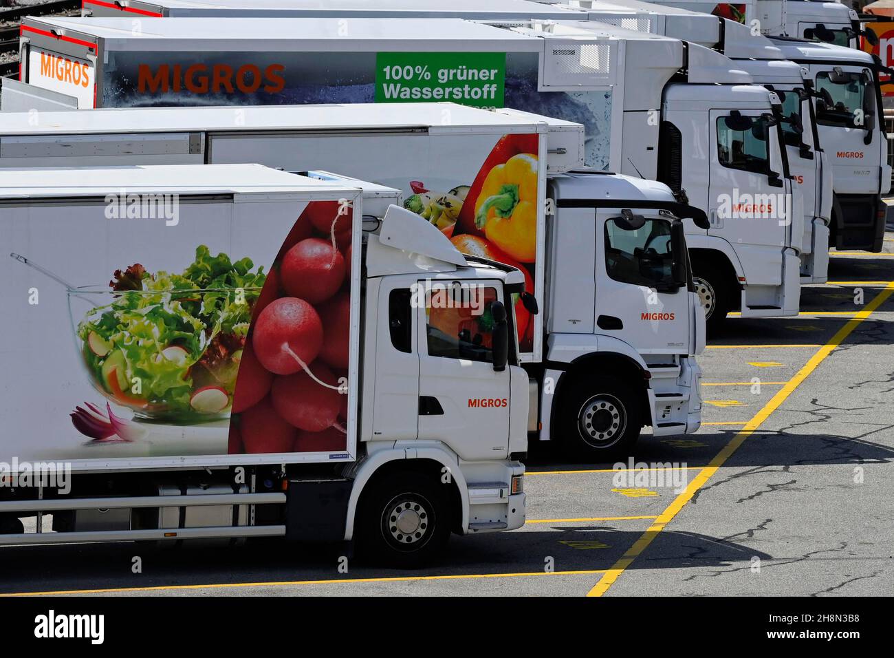 Migros truck fleet, Switzerland Stock Photo