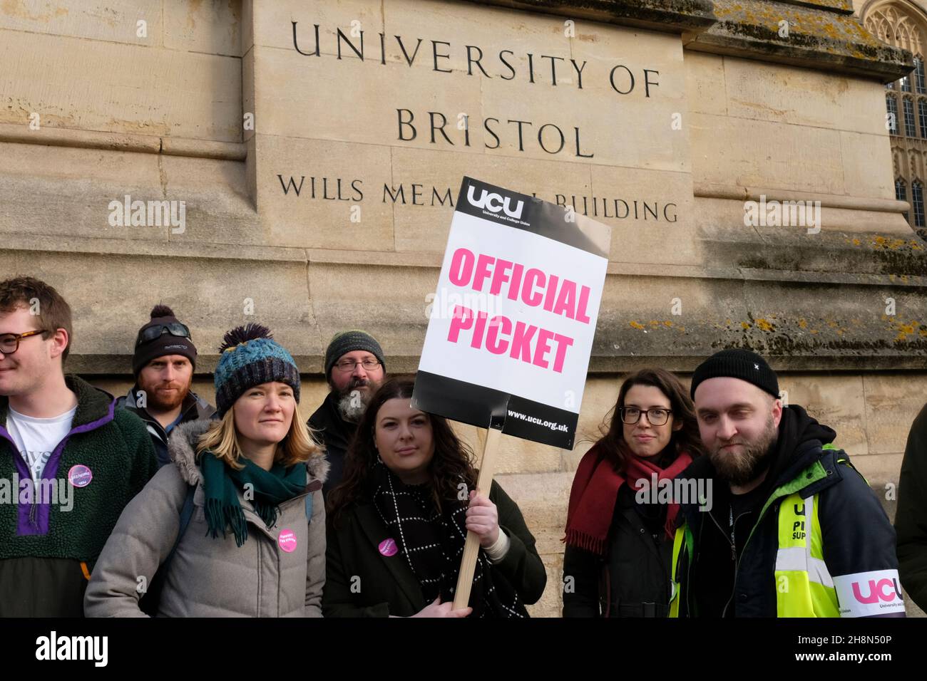 Bristol, UK. 1st Dec, 2021. University lecturers have commenced a series of strikes protesting changes to their Pension Scheme. The University and College Union (UCU) members were supported by students and other local groups. A group gathered outside Victoria Rooms picket, and after speeches and protests the rally passed peacefully down Park Street and dispersed on College Green. Credit: JMF News/Alamy Live News Stock Photo