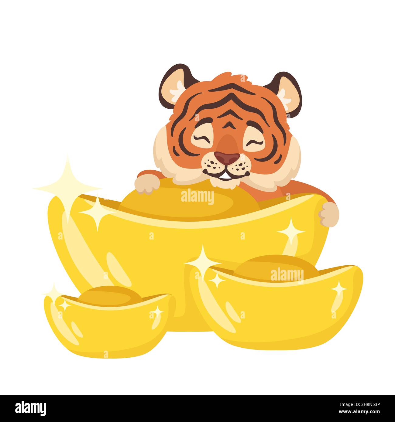 cute tiger with golden traditional Chinese coins Stock Vector