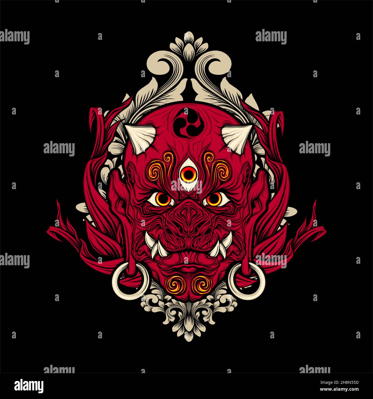 japanese demon mask with awesome background Stock Vector