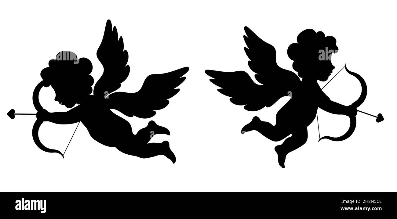 Silhouettes of mythological angel of love Cupid. Cupid, boy with angel wings, bow and arrows. Valentines day symbol. Vector Stock Vector