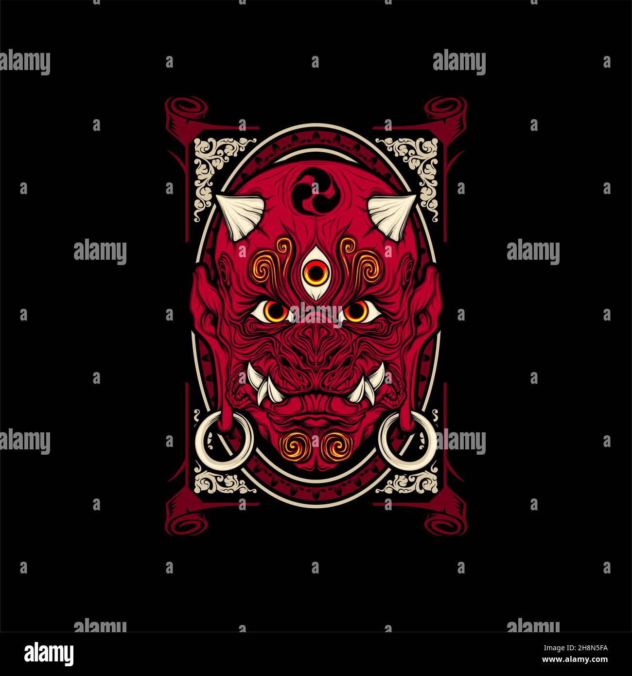 japanese demon mask with awesome background Stock Vector