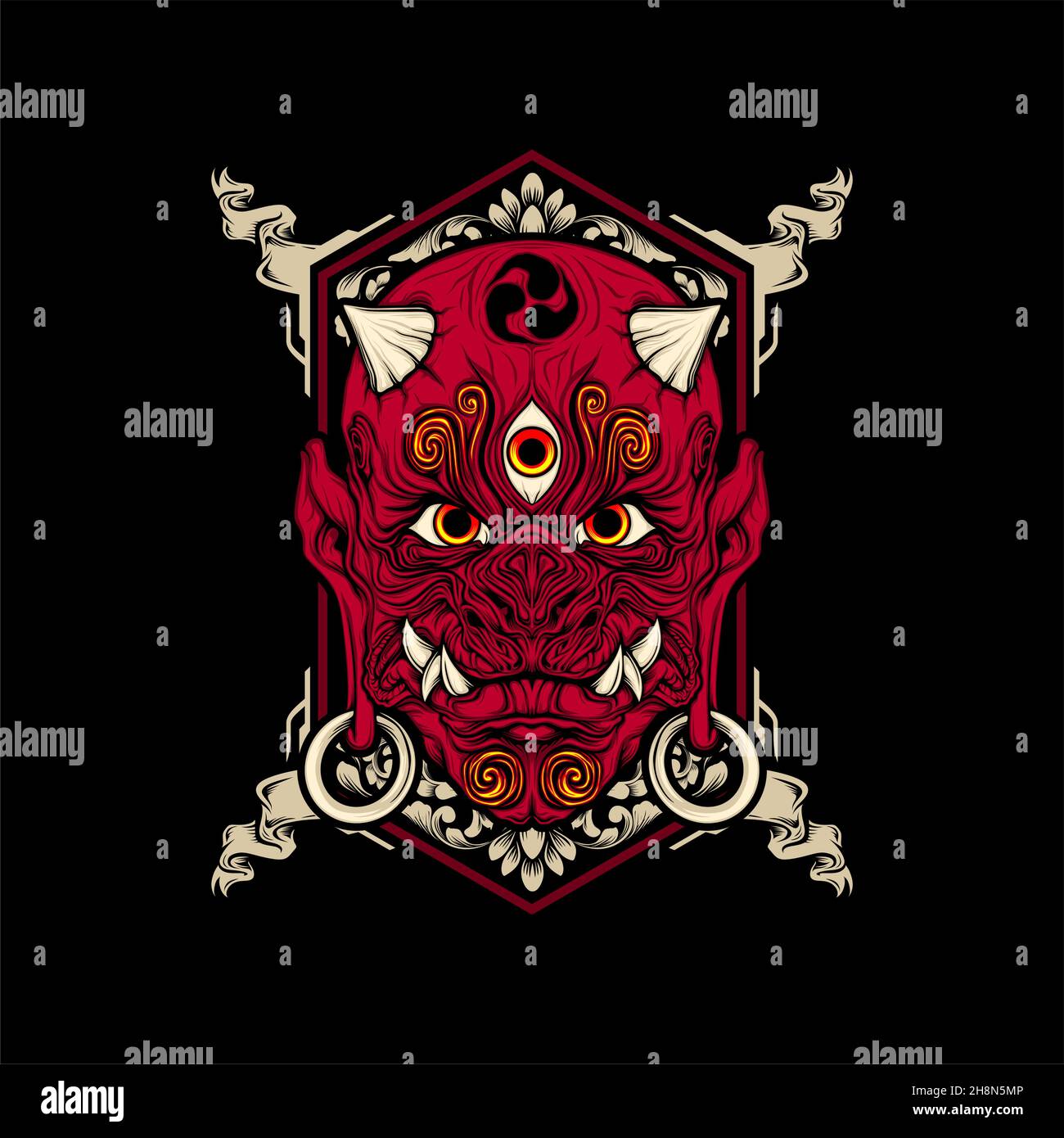 japanese demon mask with awesome background Stock Vector