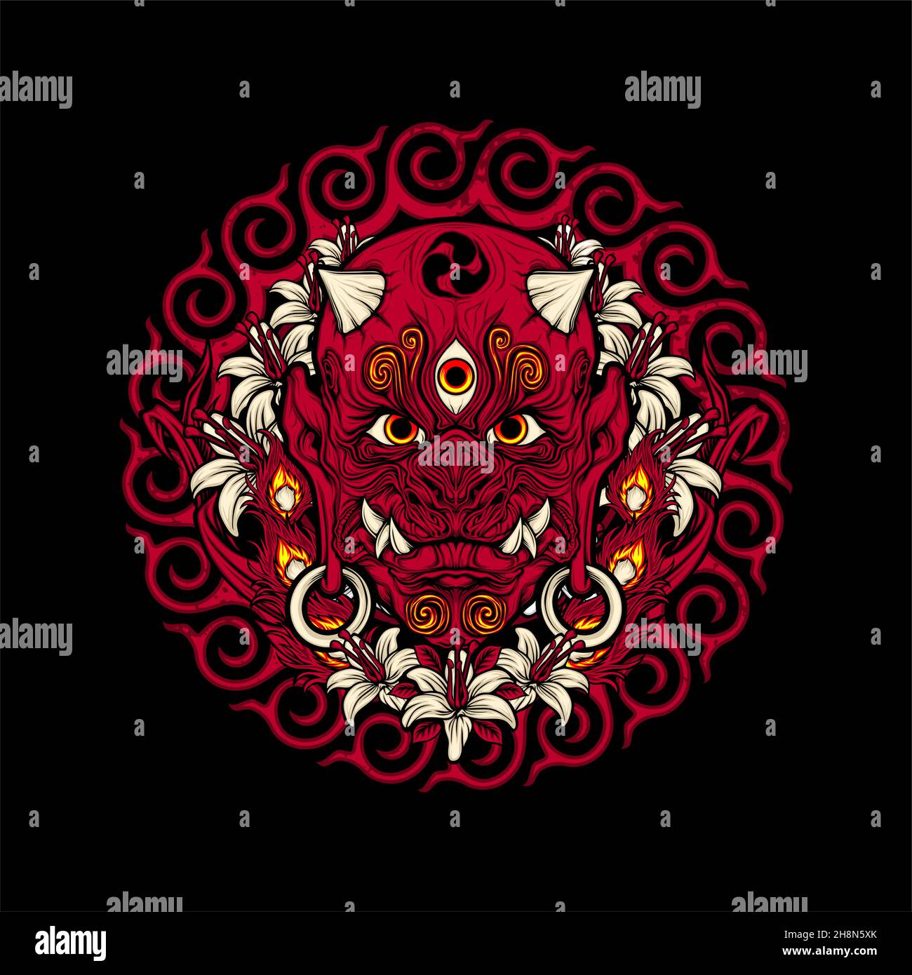 japanese demon mask with awesome background Stock Vector