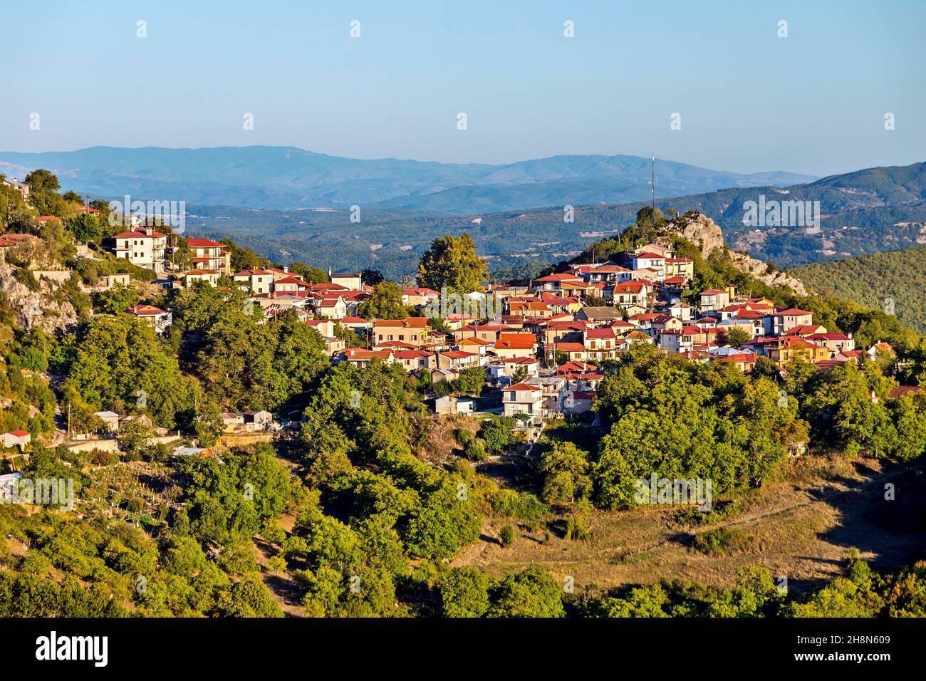 Panoramic view of Spilaio, one of the most beautiful Greek mountainous villages. Grevena, West Macedonia, Greece. Stock Photo