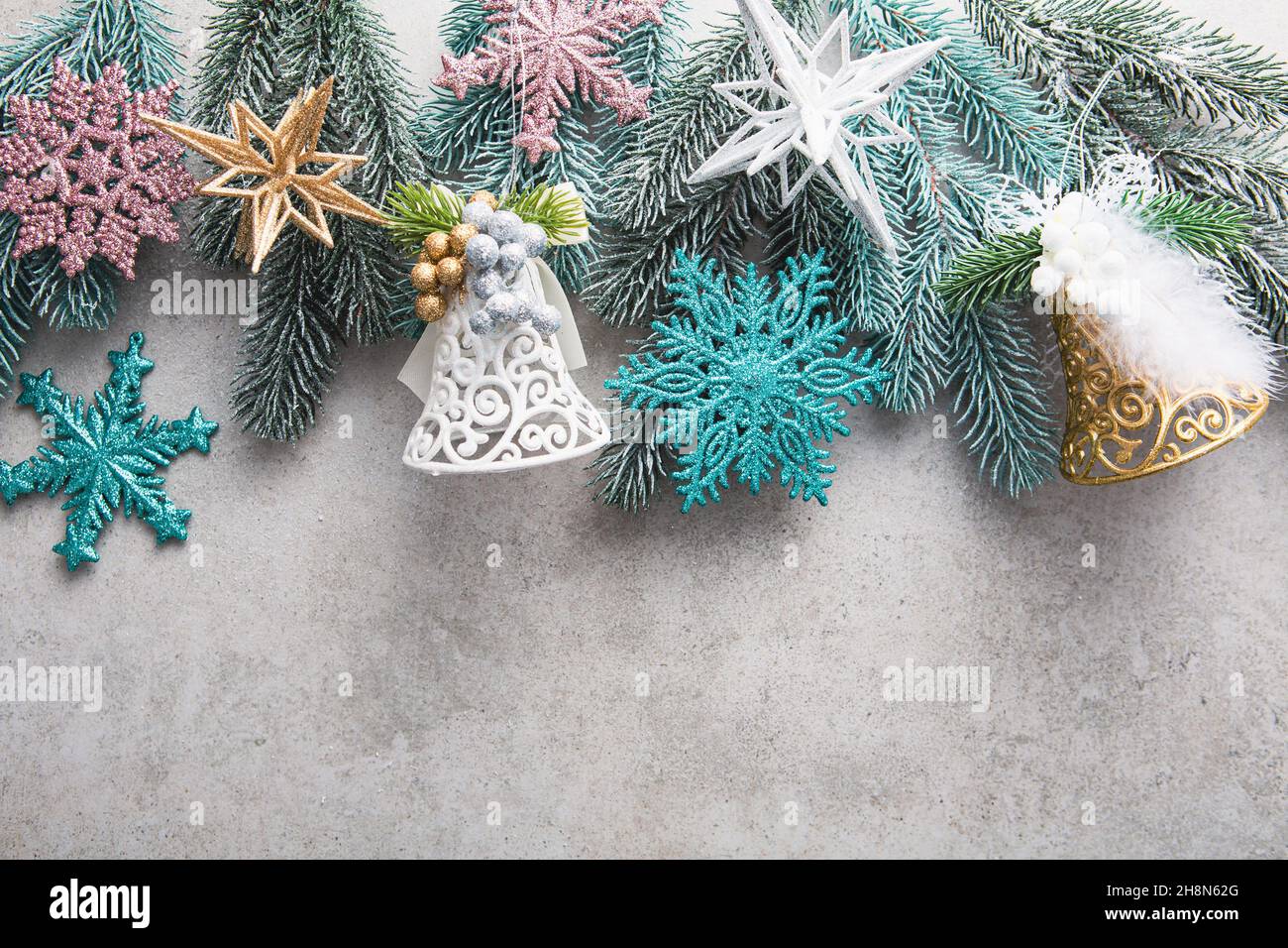 Christmas bell and snowflake decorations top view background festive Stock Photo